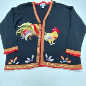 JTwo New York XXL Black Button Front Cardigan w/ Rooster Embroidery Beads Sequin